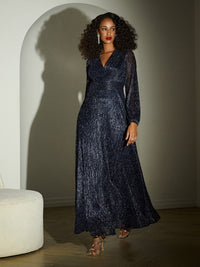 Plissé mesh wrap-front gown