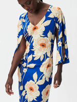 Joseph Ribkoff Bell sleeve satin v-neck dress Royal Sapphire Multi