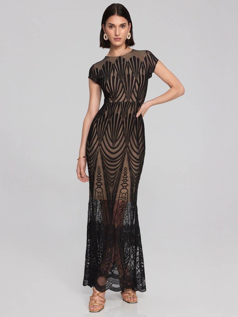 Joseph Ribkoff Embroidered lace trumpet gown Black Nude