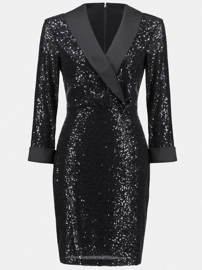 Joseph Ribkoff Sequin dress w. satin collar Black
