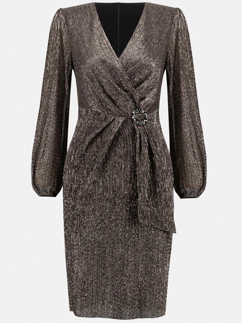 Joseph Ribkoff Shimmer Puff Sleeve Wrap Dress Black Rose Gold