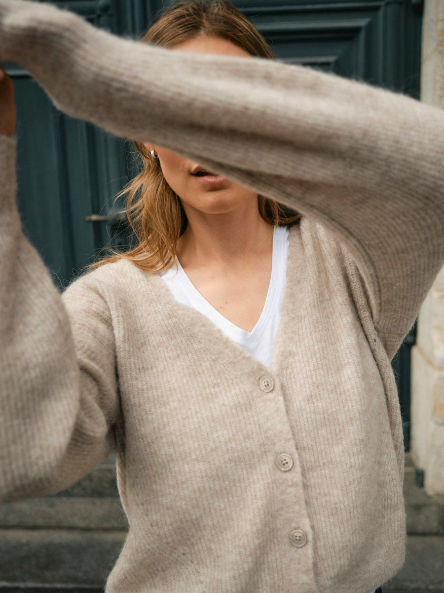 THORA V-Neck Knit Cardigan Beige Mos Mosh Dots - Main Image