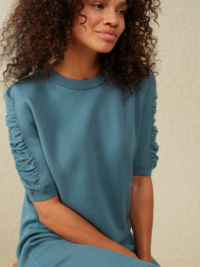 YAYA Knitted dress puff sleeves Hydro Blue