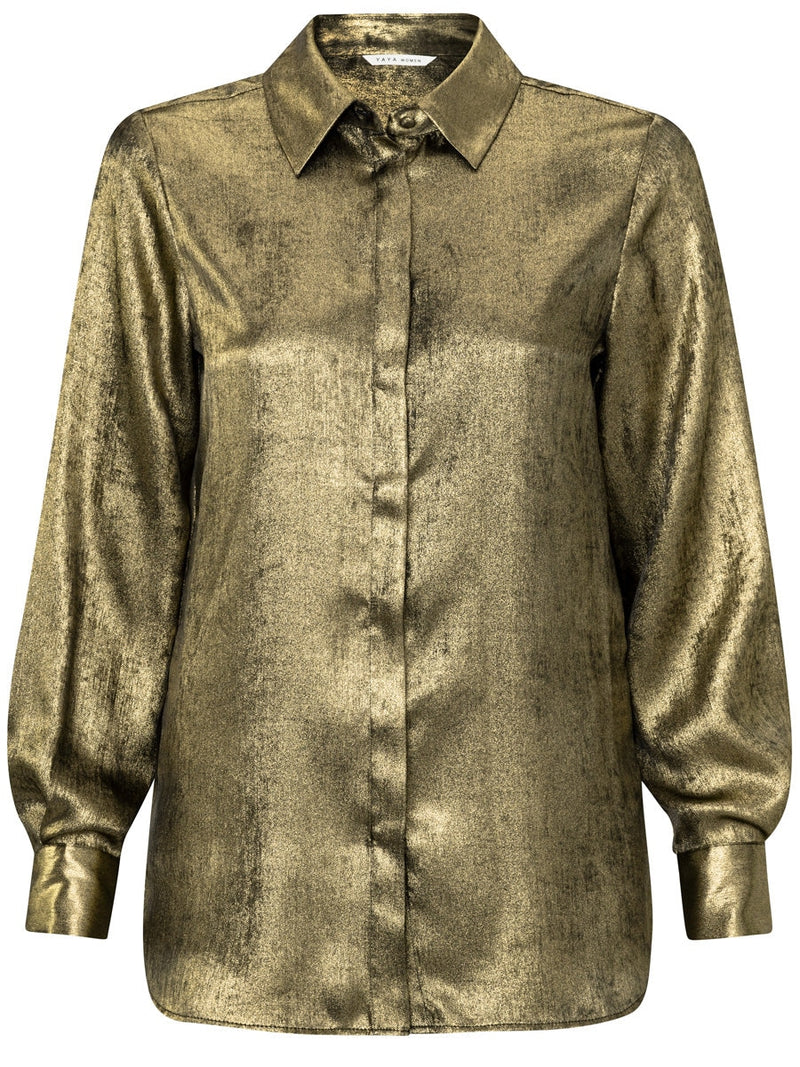 YAYA Metallic button down blouse Dark gold